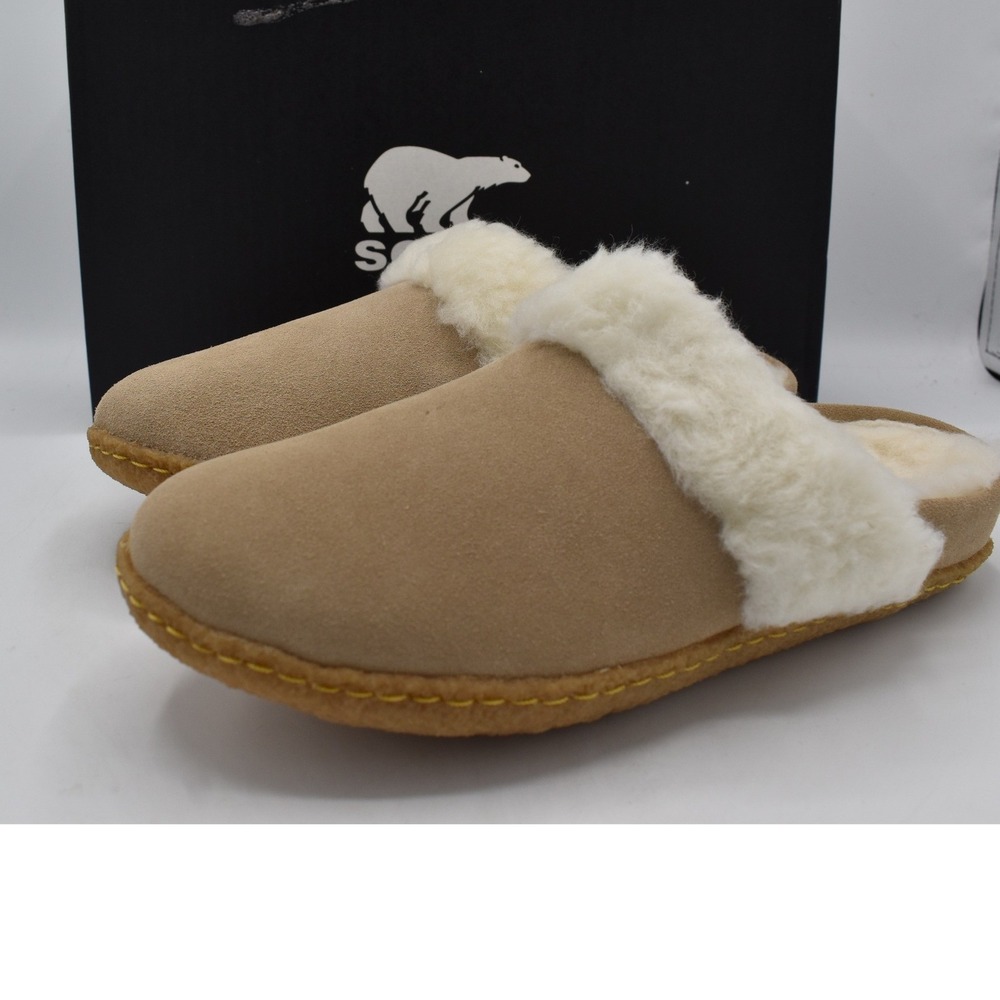 Sorel Nakiska Slide II Slippers Womens 7 Dusty Tan Suede Faux Fur Shoes New
